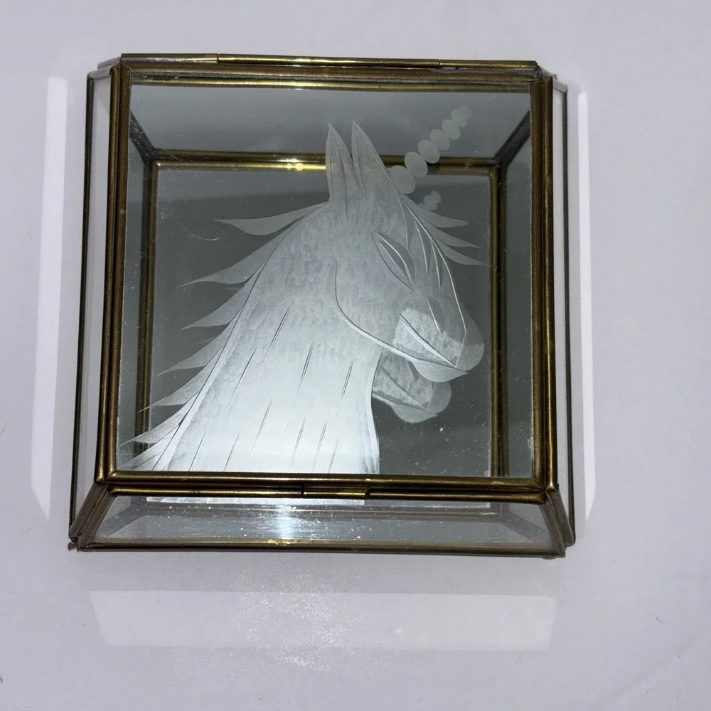 Vtg Brass w/ Etched UNICORN Glass Lid & Mirror Hinged Curio Jewelry Trinket Box